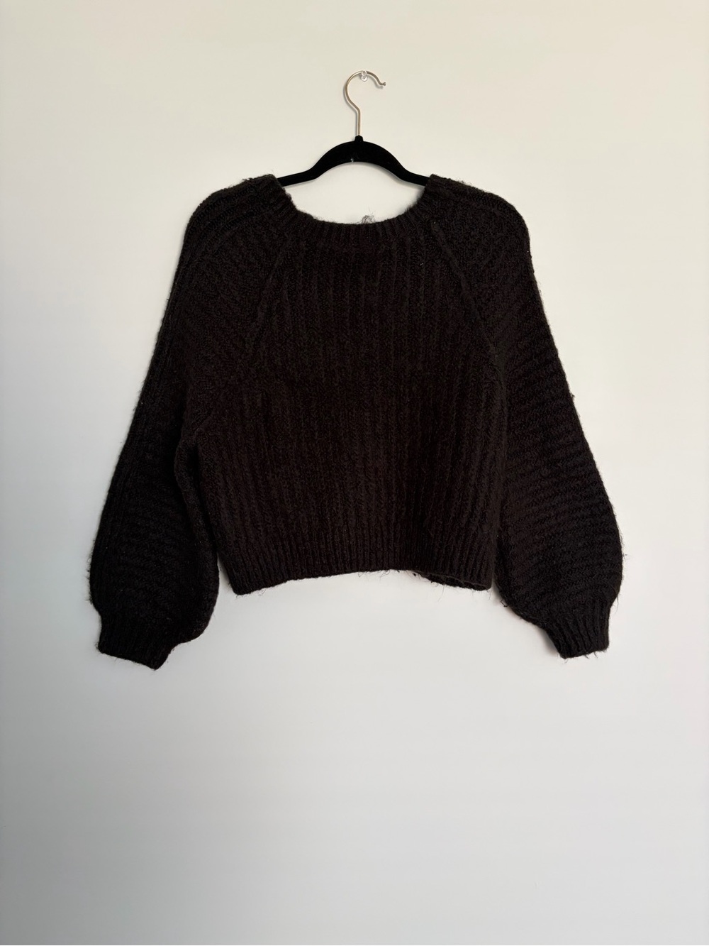 Free People Black Cropped Chunky Knit Sweater Balloon Sleeve Boho Cottagecore S
